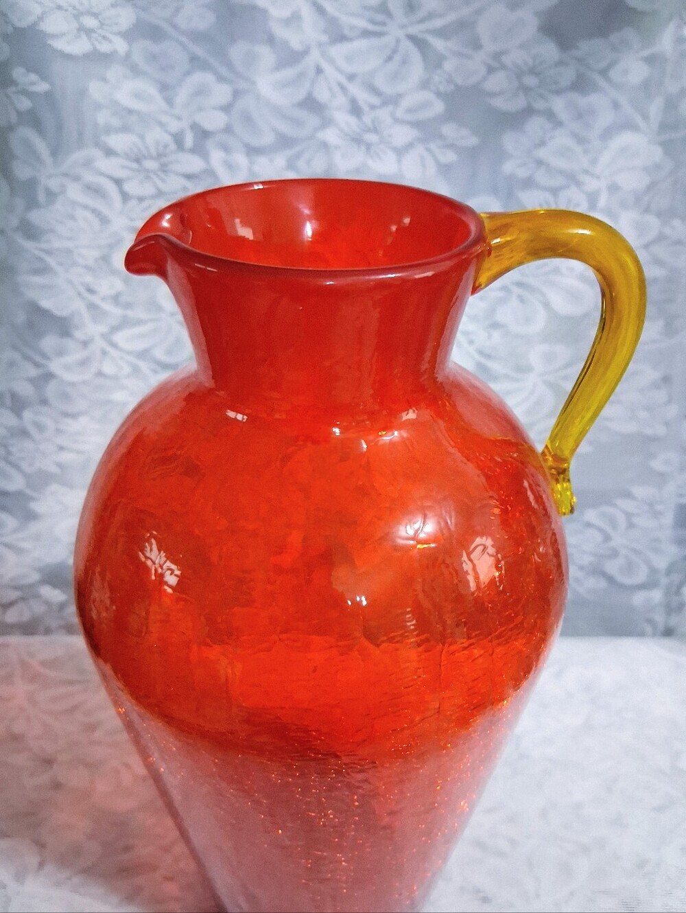 Vintage Large Pilgrim Tangerine Orange Crackle Glass Pitcher Ewer 13” UV React - Picture 12 of 17